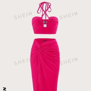 SHEIN hot pink tie back halter top and twist front skirt size XS